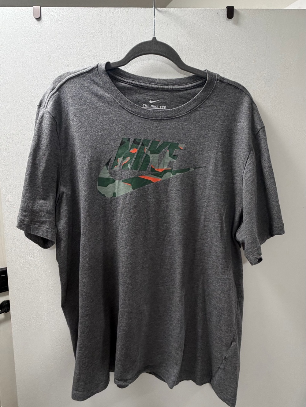 Nike Men’s Gray Tee with Green Camo Swoosh